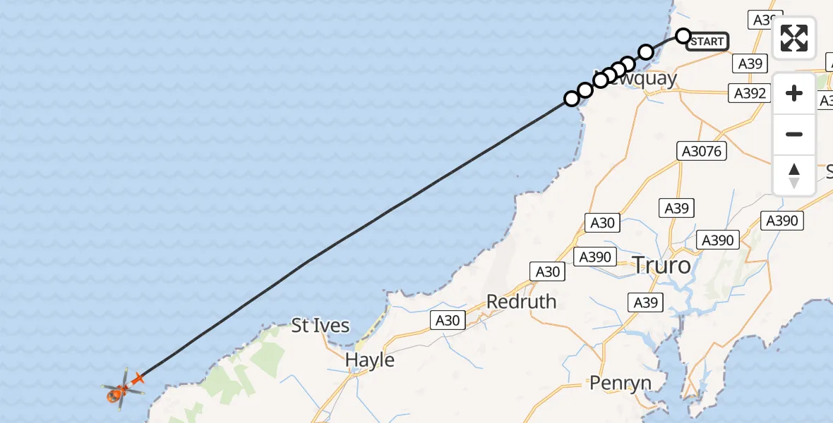 Flight route Coastguard Helicopter Cornwall Airport Newquay - Bristol Channel, 20 May 2026, 19:27