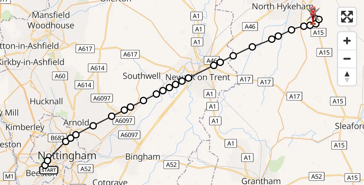 Flight route Air Ambulance Helicopter Beeston - North Kesteven, 20 May 2026, 19:29
