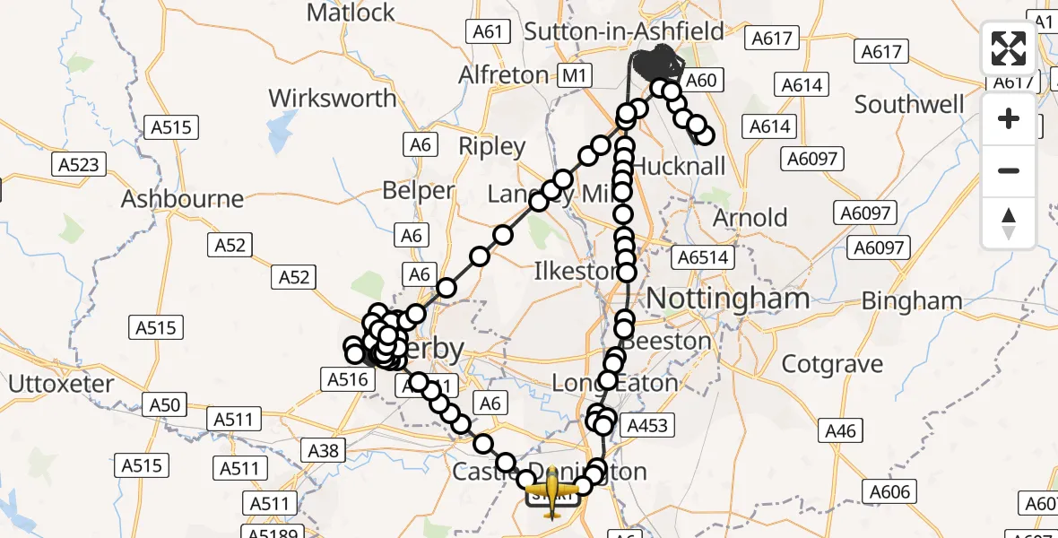 Flight route Police Aircraft East Midlands Airport - East Midlands Airport, 20 May 2026, 19:31