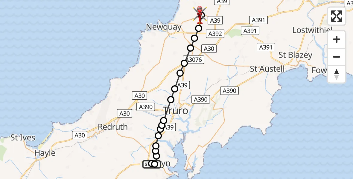 Flight route Air Ambulance Helicopter Penryn - Cornwall Airport Newquay, 20 May 2026, 19:33