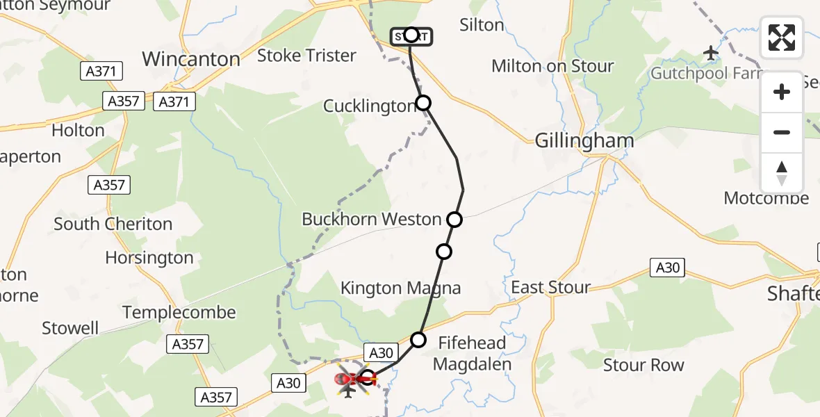Flight route Air Ambulance Helicopter Bourton - Henstridge Airfield, 20 May 2026, 19:35