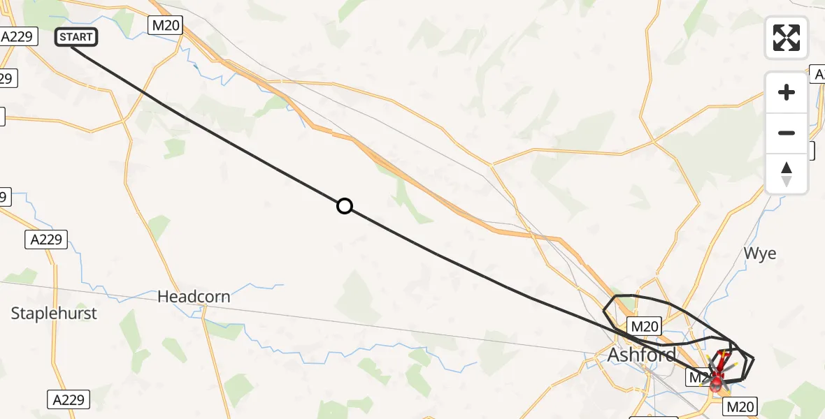 Flight route Air Ambulance Helicopter Maidstone - Ashford, 20 May 2026, 19:38