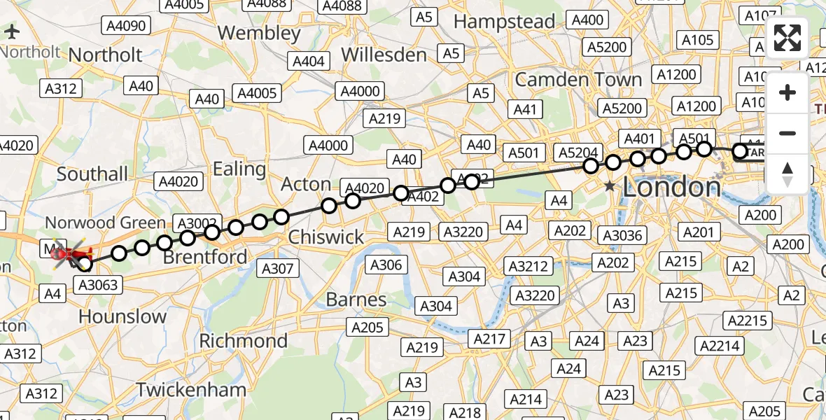 Flight route Air Ambulance Helicopter Royal London Hospital - Heston, 20 May 2026, 19:45