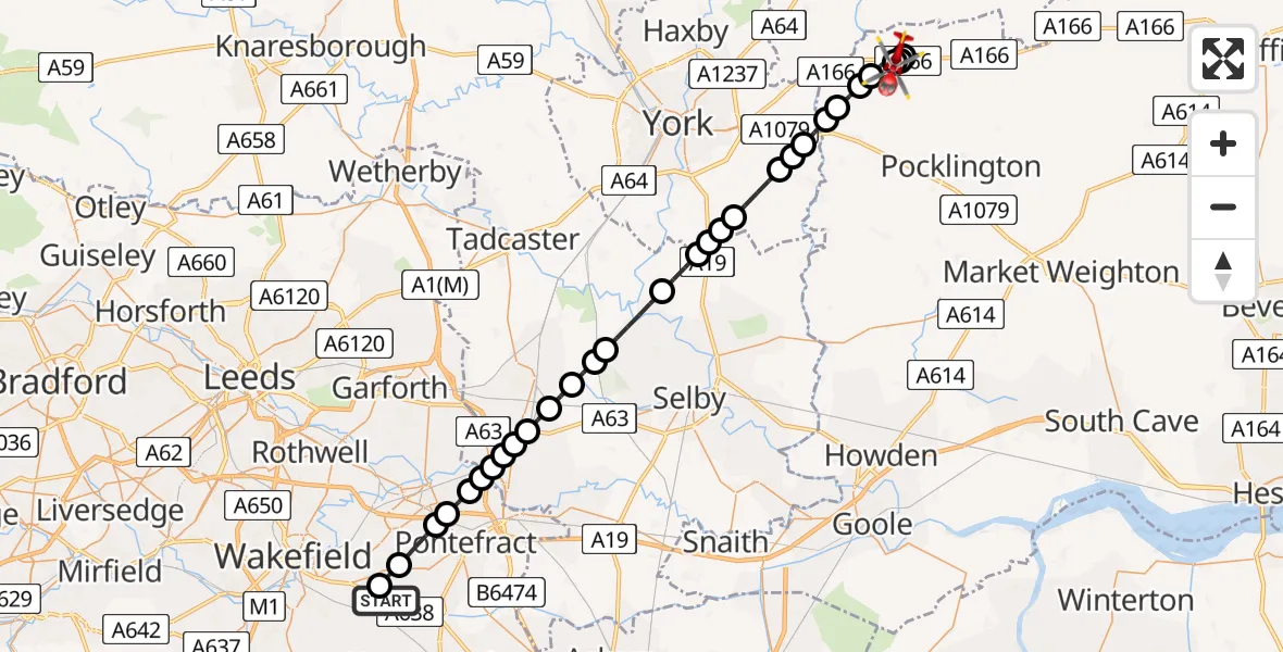 Flight route Air Ambulance Helicopter YAA Nostell Helicopter Port - Full Sutton, 20 May 2026, 19:51
