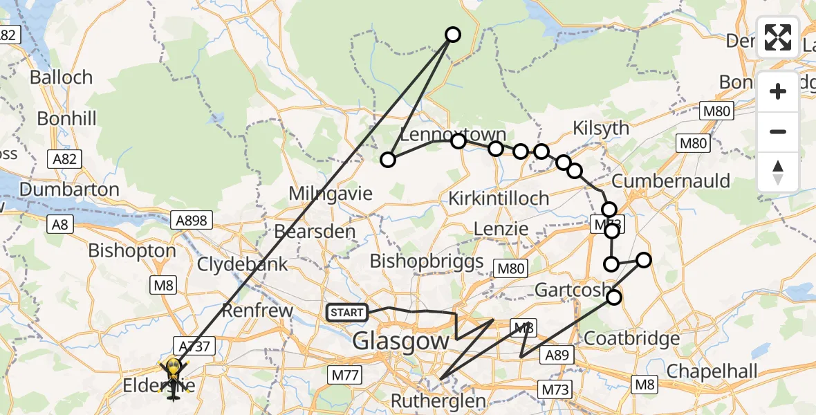 Flight route Police Helicopter Glasgow - Elderslie, 20 May 2026, 19:55