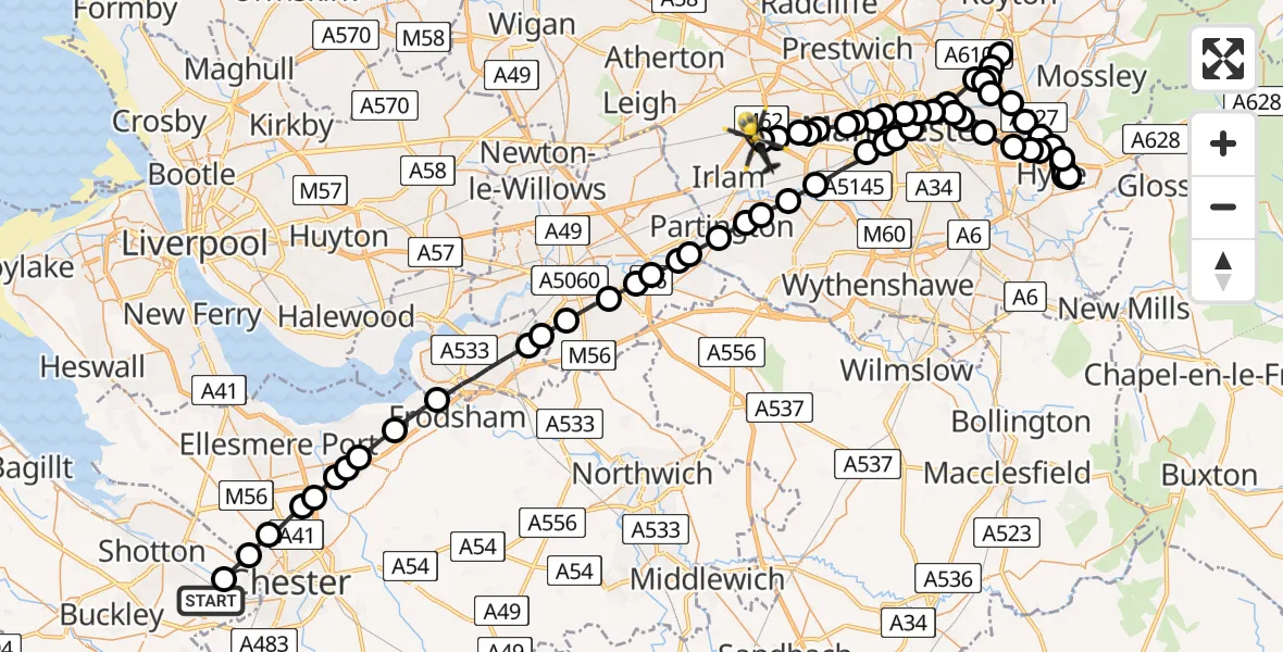 Flight route Police Helicopter Hawarden Airport - Manchester Barton Aerodrome, 20 May 2026, 20:09