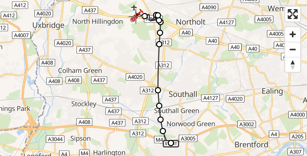 Flight route Air Ambulance Helicopter Heston - RAF Northolt, 20 May 2026, 20:14