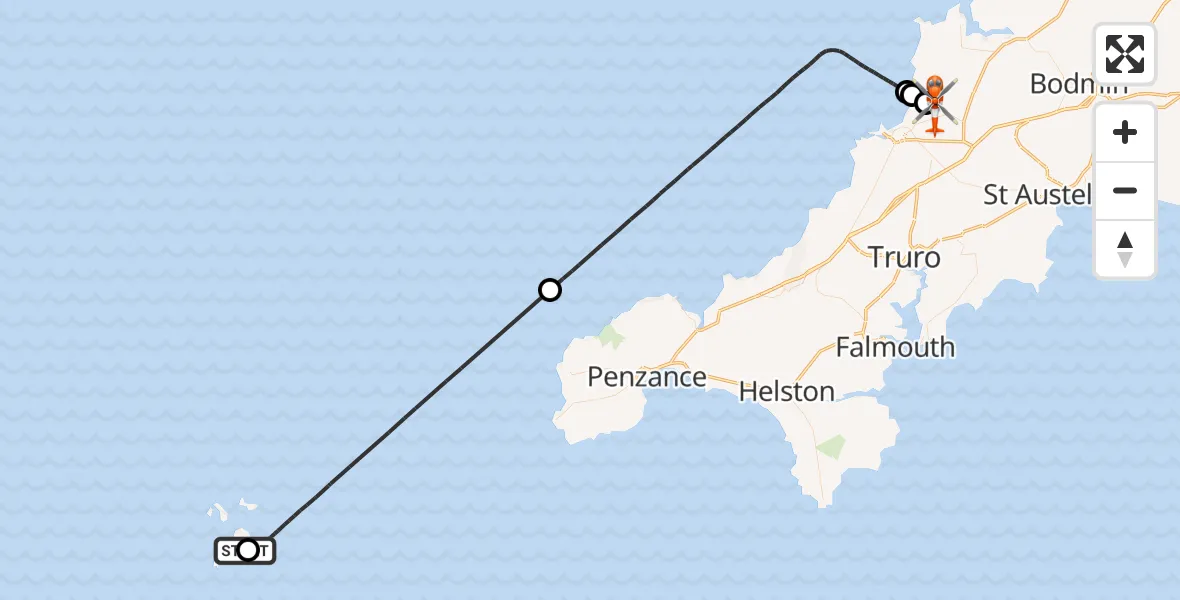 Flight route Coastguard Helicopter St. Mary's Airport - Cornwall Airport Newquay, 20 May 2026, 20:20