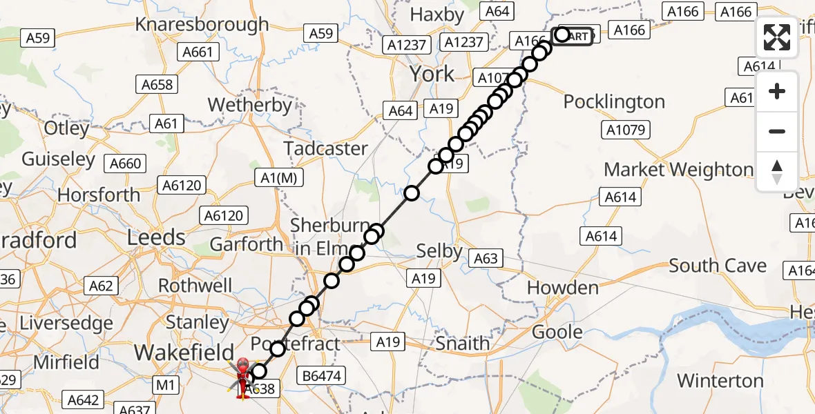 Flight route Air Ambulance Helicopter Full Sutton - YAA Nostell Helicopter Port, 20 May 2026, 20:22