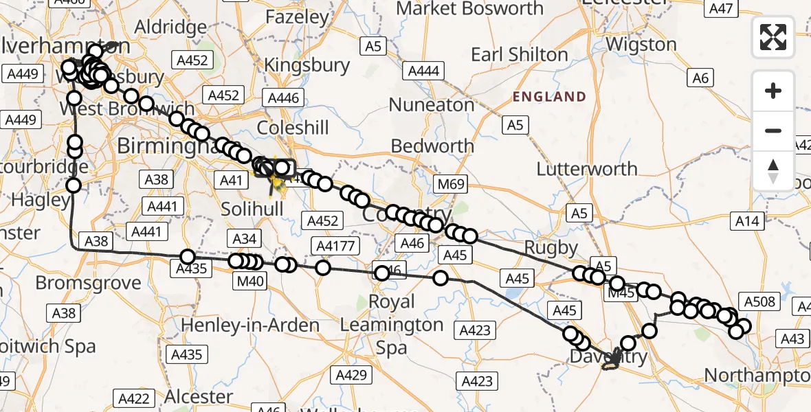 Flight route Police Helicopter Birmingham Airport - Birmingham Airport, 20 May 2026, 20:29