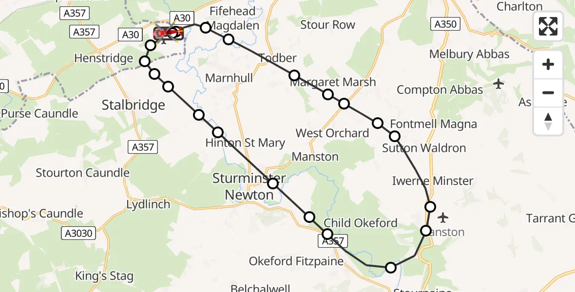 Flight route Air Ambulance Helicopter Henstridge Airfield - Henstridge Airfield, 20 May 2026, 20:57