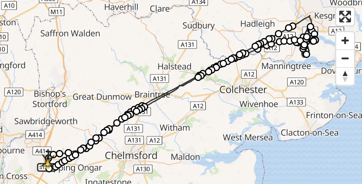 Flight route Police Helicopter Coopersale - North Weald Airfield, 20 May 2026, 20:59