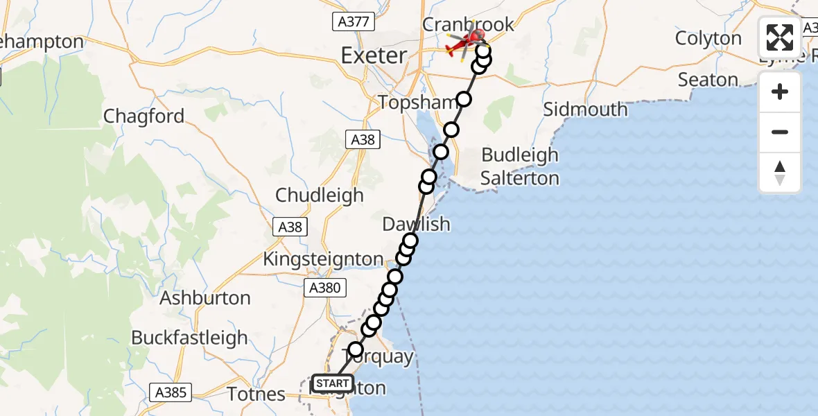 Flight route Air Ambulance Helicopter Paignton - Exeter International Airport, 20 May 2026, 21:12