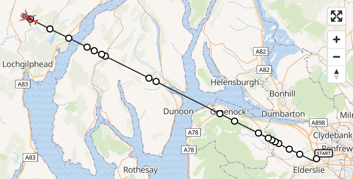 Flight route Air Ambulance Helicopter Glasgow Airport - Clachandubh, 20 May 2026, 21:16