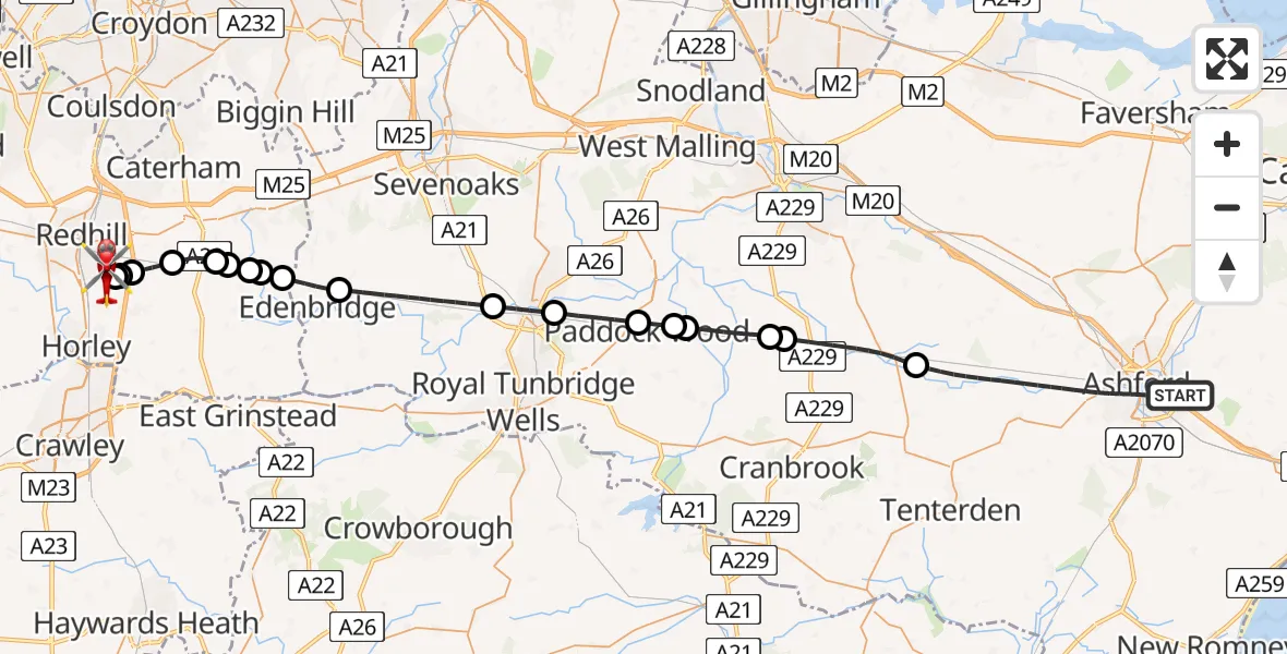 Flight route Air Ambulance Helicopter Ashford - Redhill Aerodrome, 20 May 2026, 21:16