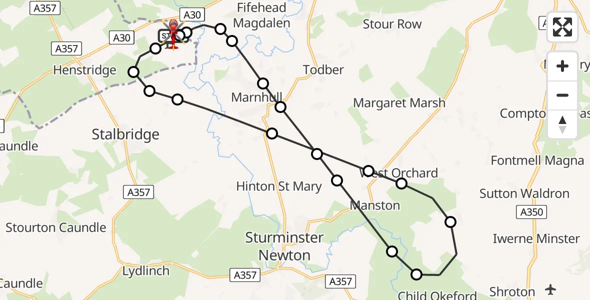 Flight route Air Ambulance Helicopter Henstridge Airfield - Henstridge Airfield, 20 May 2026, 21:37