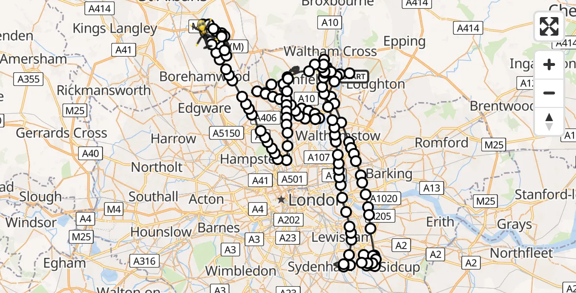 Flight route Police Helicopter Metropolitan Police Air Support Unit Lippitts Hill - Hertfordshire Microlight Club London Colney Airstrip, 20 May 2026, 22:17