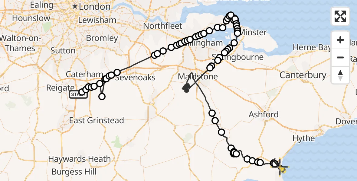 Flight route Police Helicopter South Nutfield - New Romney, 20 May 2026, 22:23