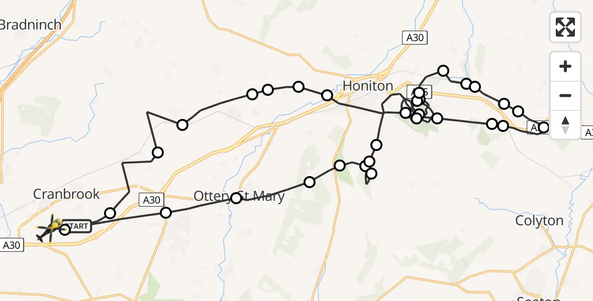 Flight route Police Helicopter Rockbeare - Exeter International Airport, 20 May 2026, 23:00