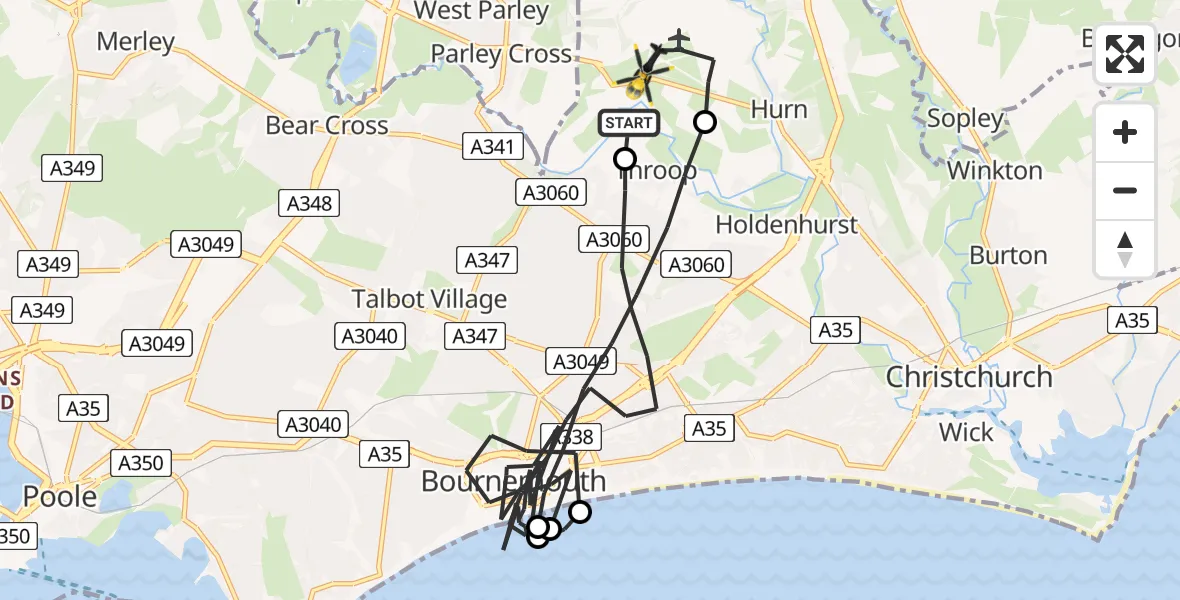 Flight route Police Helicopter Bournemouth Airport - Bournemouth Airport, 20 May 2026, 23:10