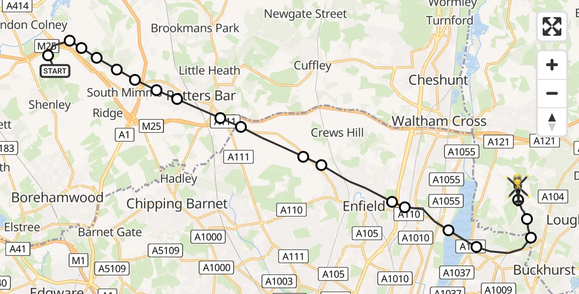 Flight route Police Helicopter Hertfordshire Microlight Club London Colney Airstrip - Sewardstonebury, 20 May 2026, 23:30