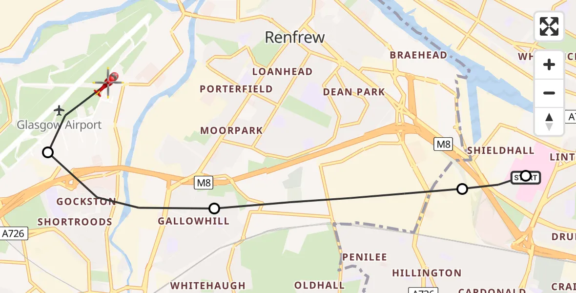 Flight route Air Ambulance Helicopter Queen Elizabeth Hospital - Glasgow Airport, 21 May 2026, 00:24