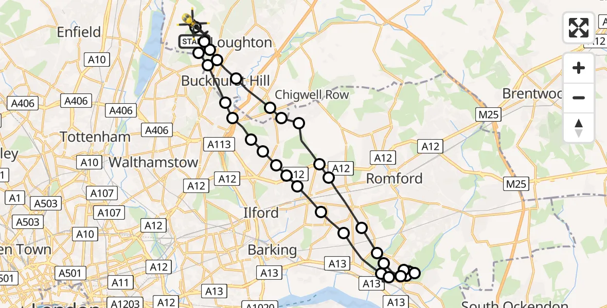 Flight route Police Helicopter Sewardstonebury - Metropolitan Police Air Support Unit Lippitts Hill, 21 May 2026, 00:46