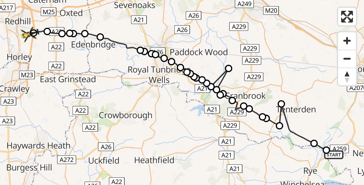 Flight route Police Helicopter Brookland - Tandridge, 21 May 2026, 00:54
