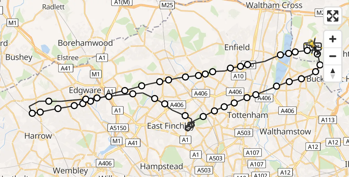 Flight route Police Helicopter Metropolitan Police Air Support Unit Lippitts Hill - Sewardstonebury, 21 May 2026, 01:29