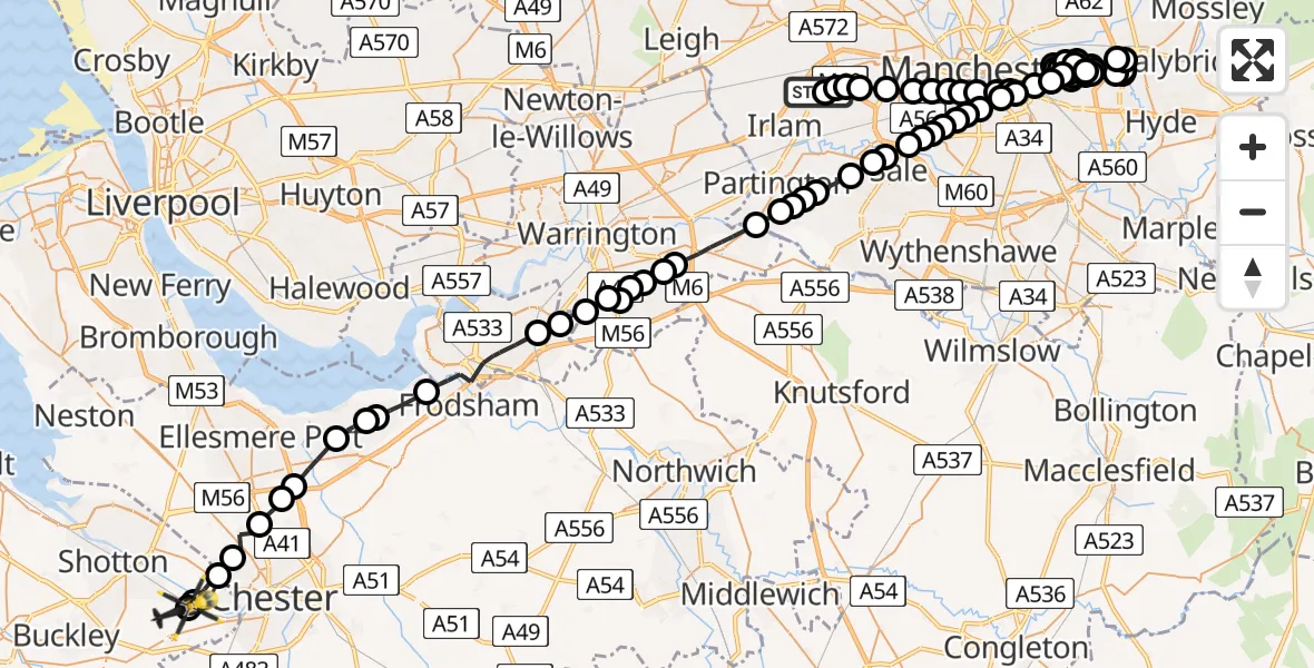 Flight route Police Helicopter Manchester Barton Aerodrome - Hawarden Airport, 21 May 2026, 01:30