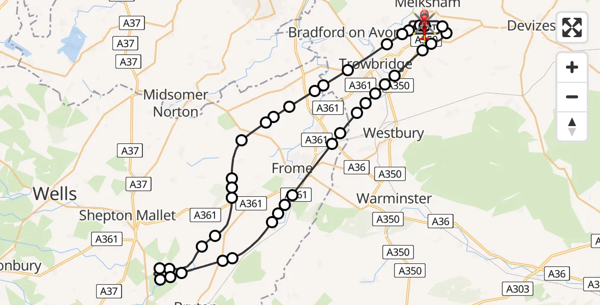 Flight route Air Ambulance Helicopter Wiltshire Air Ambulance - Wiltshire Air Ambulance, 21 May 2026, 01:43