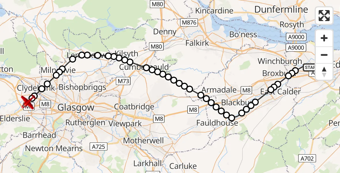 Flight route Air Ambulance Aircraft Edinburgh Airport - Glasgow Airport, 21 May 2026, 02:52