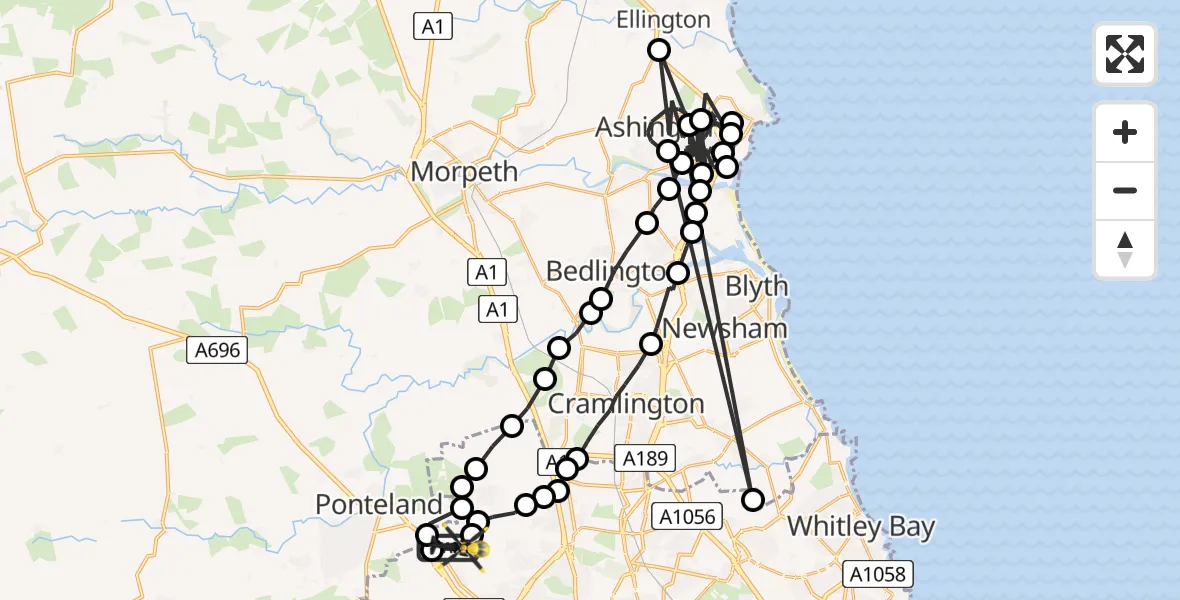 Flight route Police Helicopter Newcastle International Airport - Newcastle International Airport, 21 May 2026, 03:18