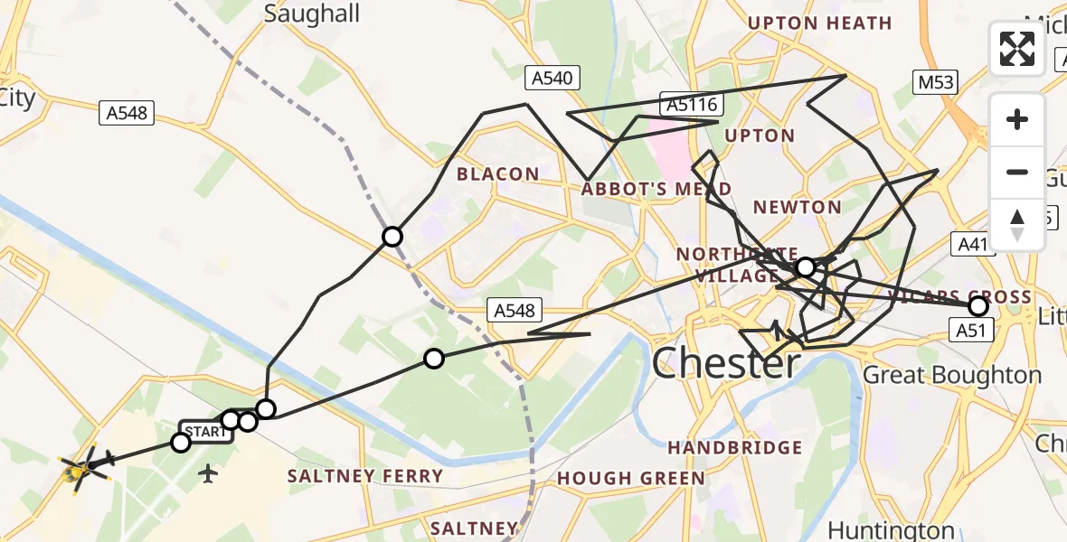 Flight route Police Helicopter Hawarden Airport - Sandycroft, 21 May 2026, 03:23