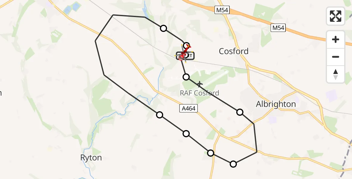 Flight route Air Ambulance Helicopter RAF Cosford - Tong, 21 May 2026, 06:38