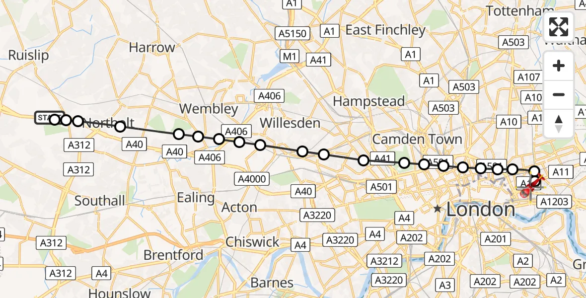 Flight route Air Ambulance Helicopter RAF Northolt - Royal London Hospital, 21 May 2026, 07:15