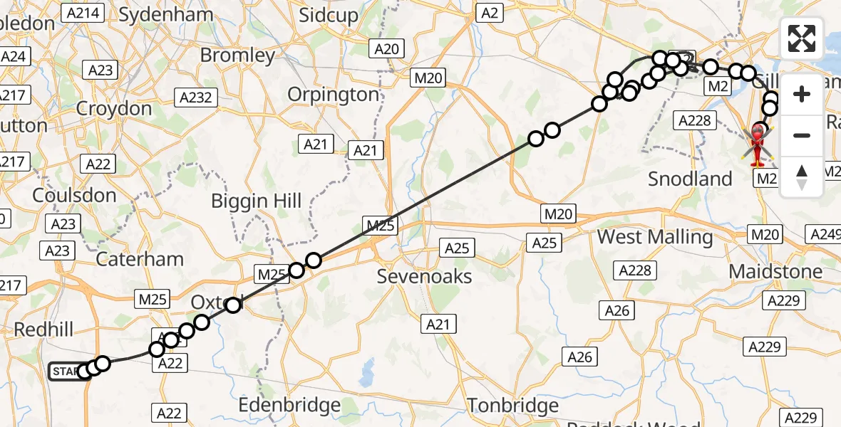 Flight route Air Ambulance Helicopter Redhill Aerodrome - Rochester Airport, 21 May 2026, 07:58
