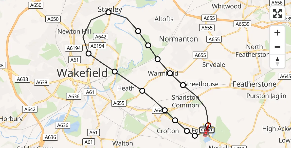 Flight route Air Ambulance Helicopter YAA Nostell Helicopter Port - YAA Nostell Helicopter Port, 21 May 2026, 08:01