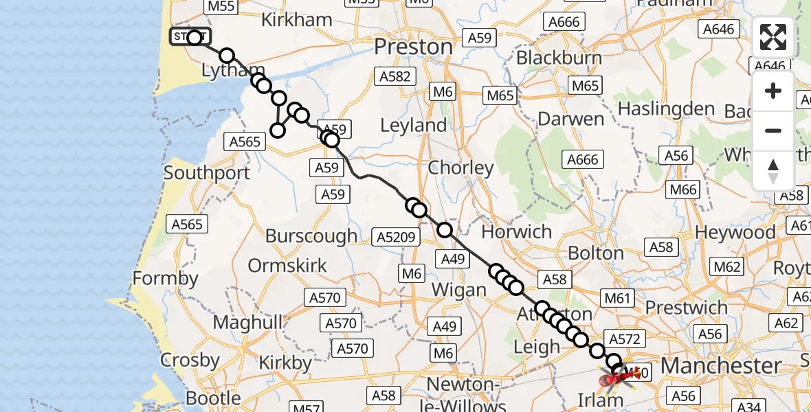 Flight route Air Ambulance Helicopter Blackpool Airport - Manchester Barton Aerodrome, 21 May 2026, 08:10