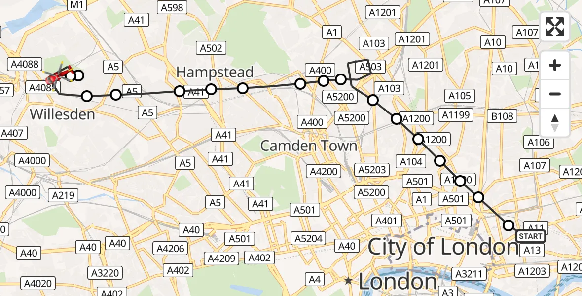 Flight route Air Ambulance Helicopter Royal London Hospital - Dollis Hill, 21 May 2026, 08:30