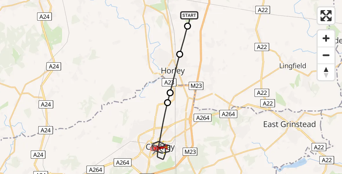 Flight route Air Ambulance Helicopter Redhill Aerodrome - Crawley, 21 May 2026, 08:49
