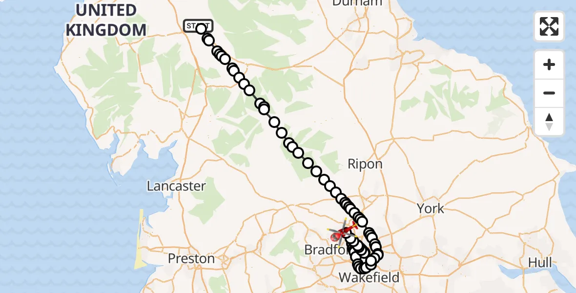 Flight route Air Ambulance Helicopter Langwathby - Leeds Bradford Airport, 21 May 2026, 08:49