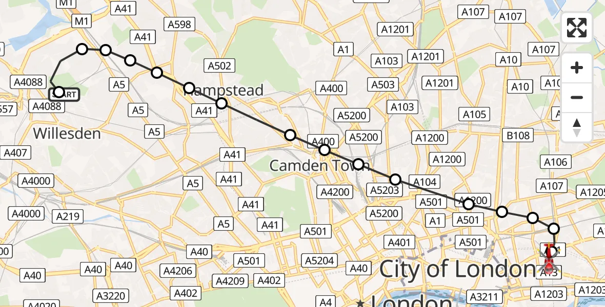 Flight route Air Ambulance Helicopter Dollis Hill - Royal London Hospital, 21 May 2026, 09:01