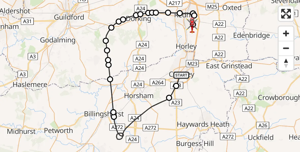 Flight route Air Ambulance Helicopter Crawley - Redhill Aerodrome, 21 May 2026, 09:02