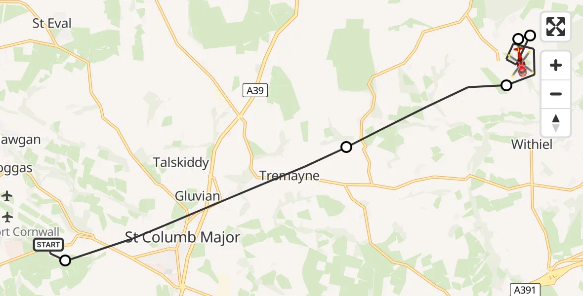 Flight route Air Ambulance Helicopter Cornwall Airport Newquay - Withiel, 21 May 2026, 09:12