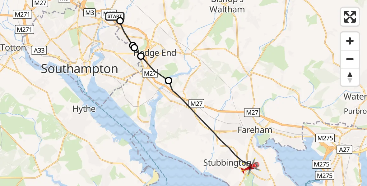 Flight route Air Ambulance Helicopter Southampton Airport - Fareham, 21 May 2026, 09:20