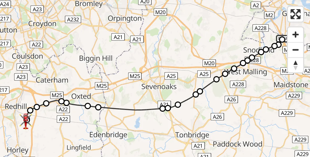 Flight route Air Ambulance Helicopter Rochester Airport - Redhill Aerodrome, 21 May 2026, 09:21