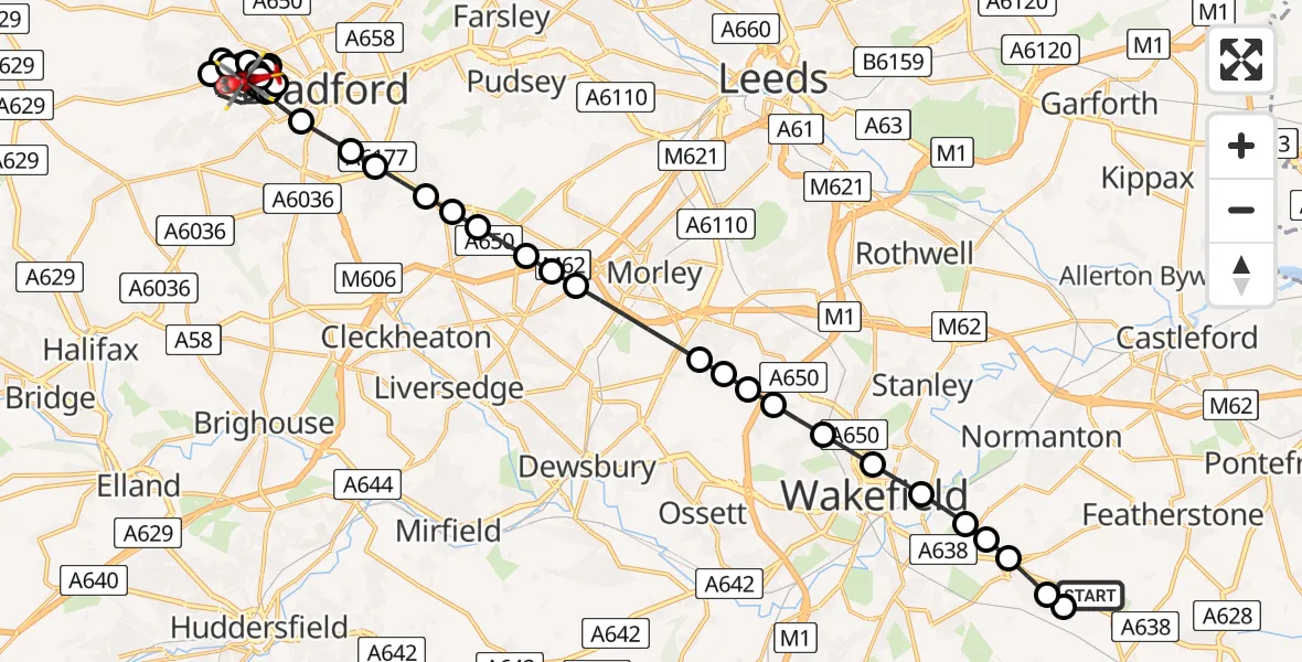 Flight route Air Ambulance Helicopter YAA Nostell Helicopter Port - Scholemoor, 21 May 2026, 09:22