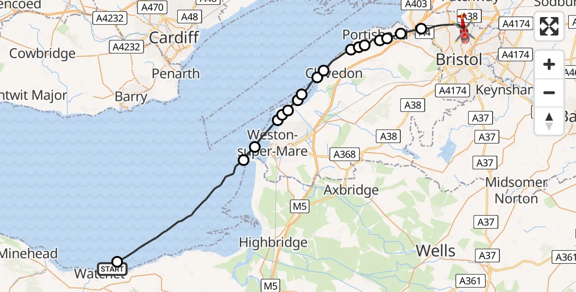 Flight route Air Ambulance Helicopter Williton - Bristol, 21 May 2026, 09:24