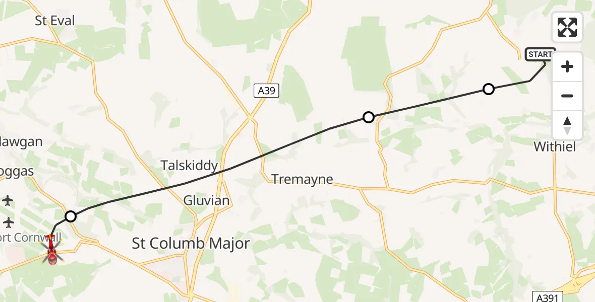 Flight route Air Ambulance Helicopter Withiel - Cornwall Airport Newquay, 21 May 2026, 09:54